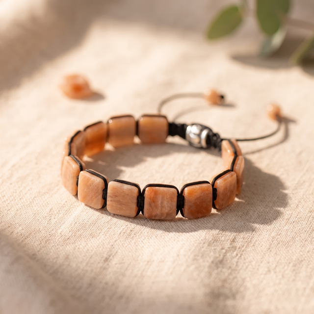 Bracelet Pierre de Soleil à Perles Carrées sur Cordon Noir