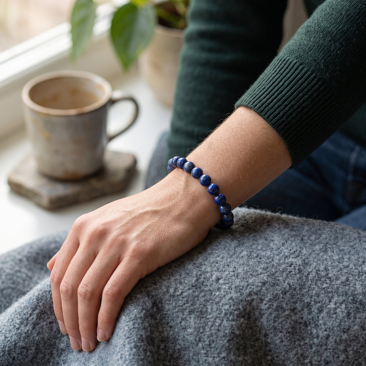 Bracelet Lapis-Lazuli à Perles Bleues Mouchetées d'Or