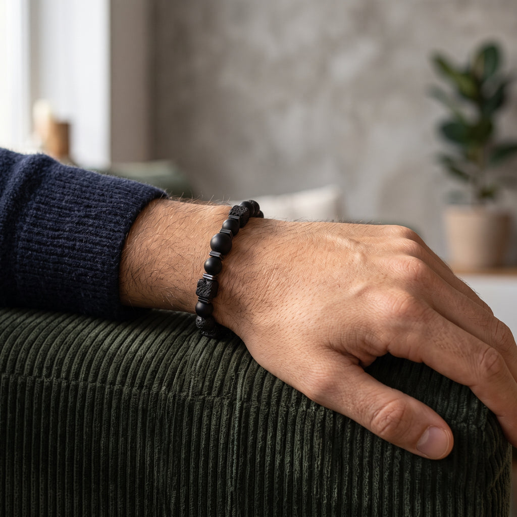 Bracelet Onyx Mat et Pierre de Lave à Cubes Argentés