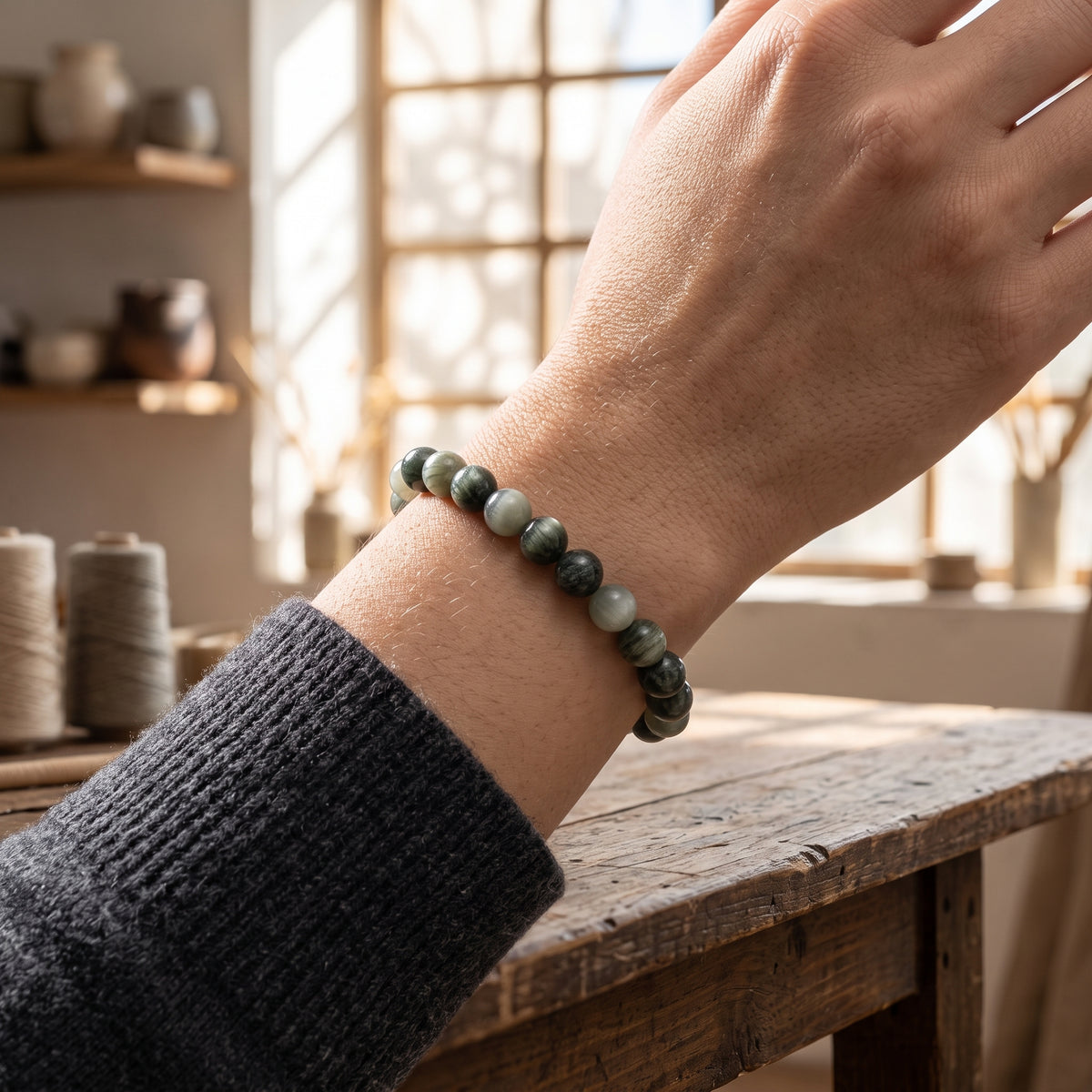 Bracelet Jade Vert à Perles Olive et Crème