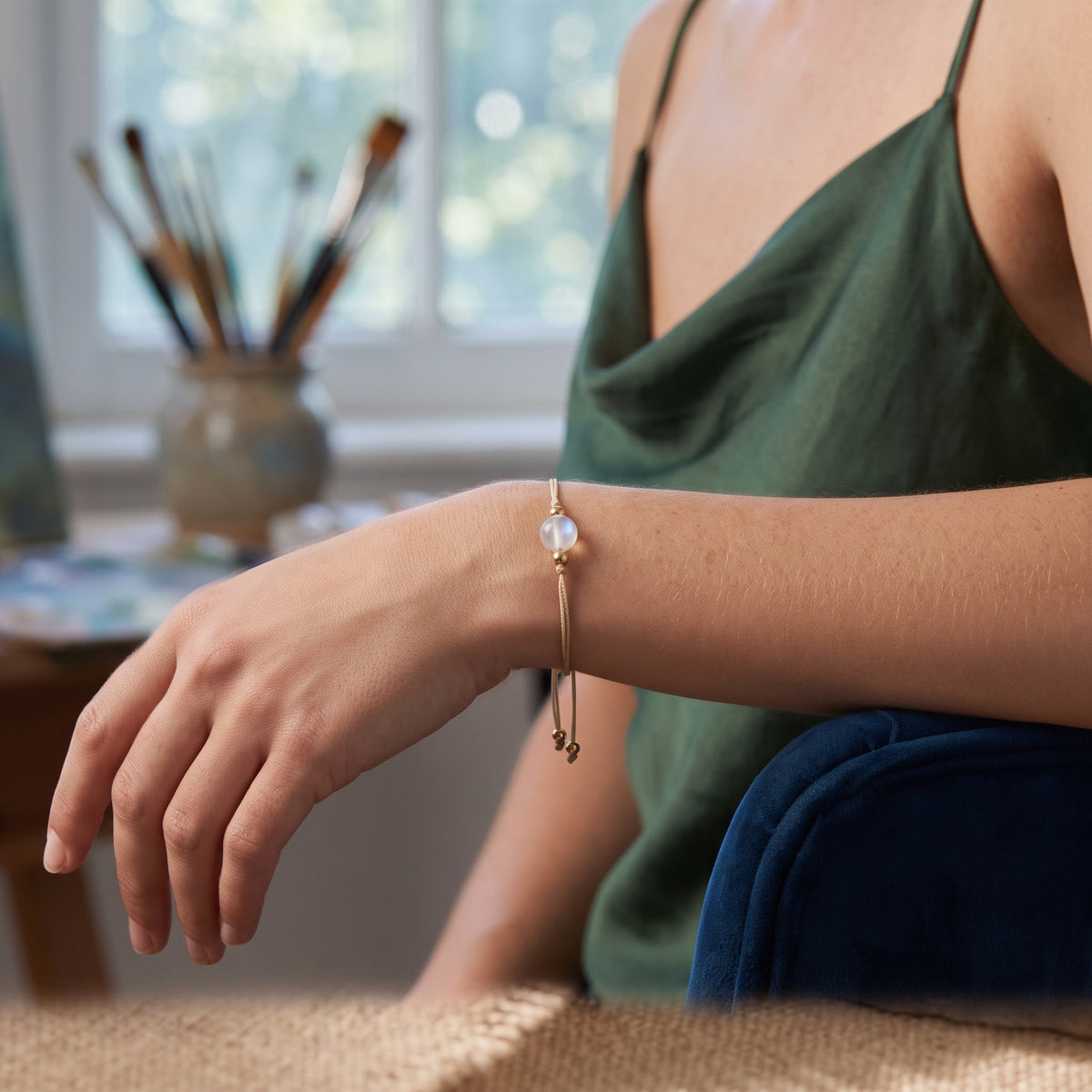 Bracelet Pierre de Lune sur Cordon Doré à Perle Unique