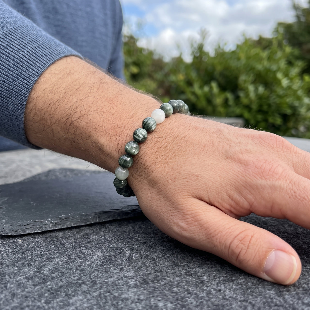 Bracelet Jade Vert à Perles Olive et Crème