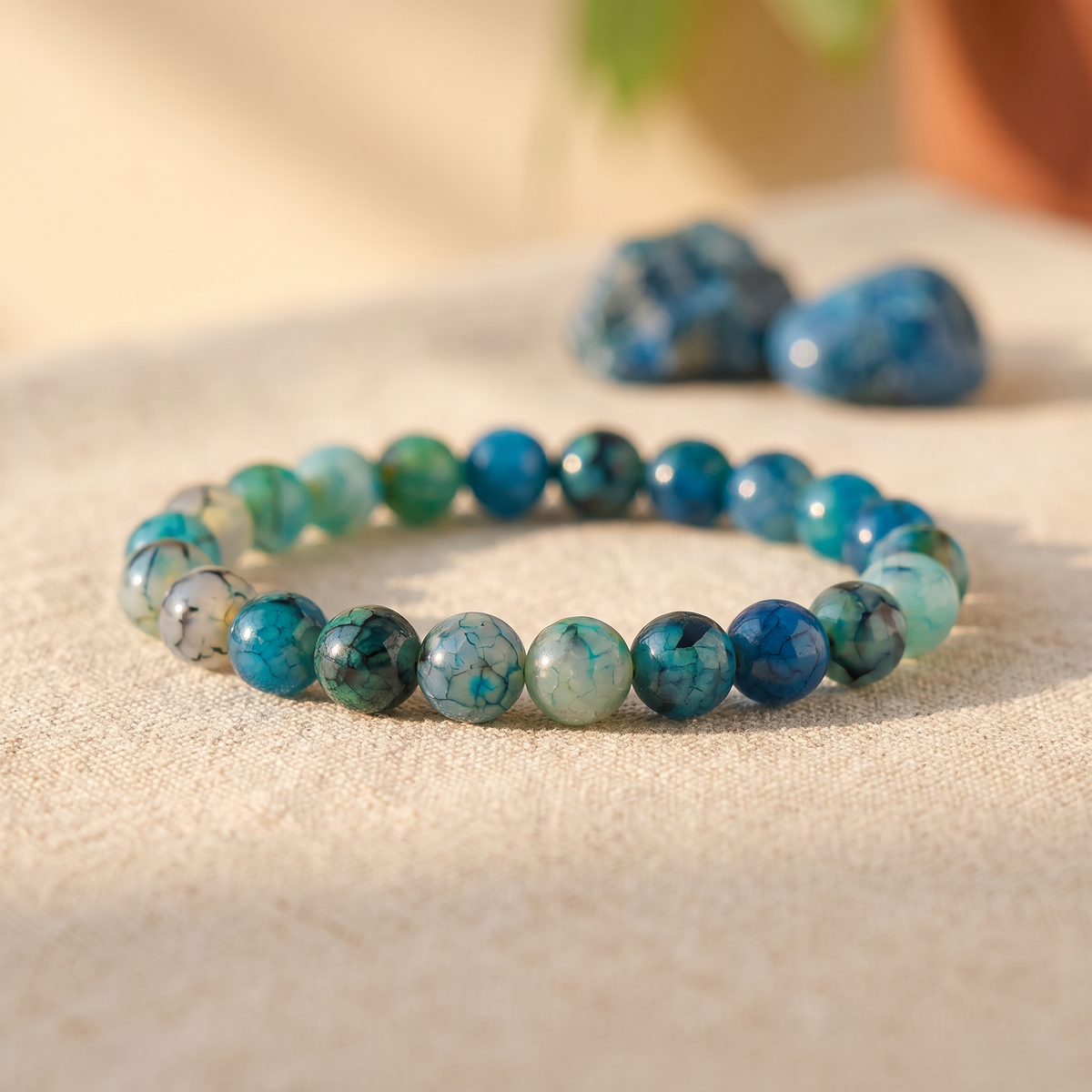 Bracelet Agate Veines de Dragon à Perles Bleues Craquelées