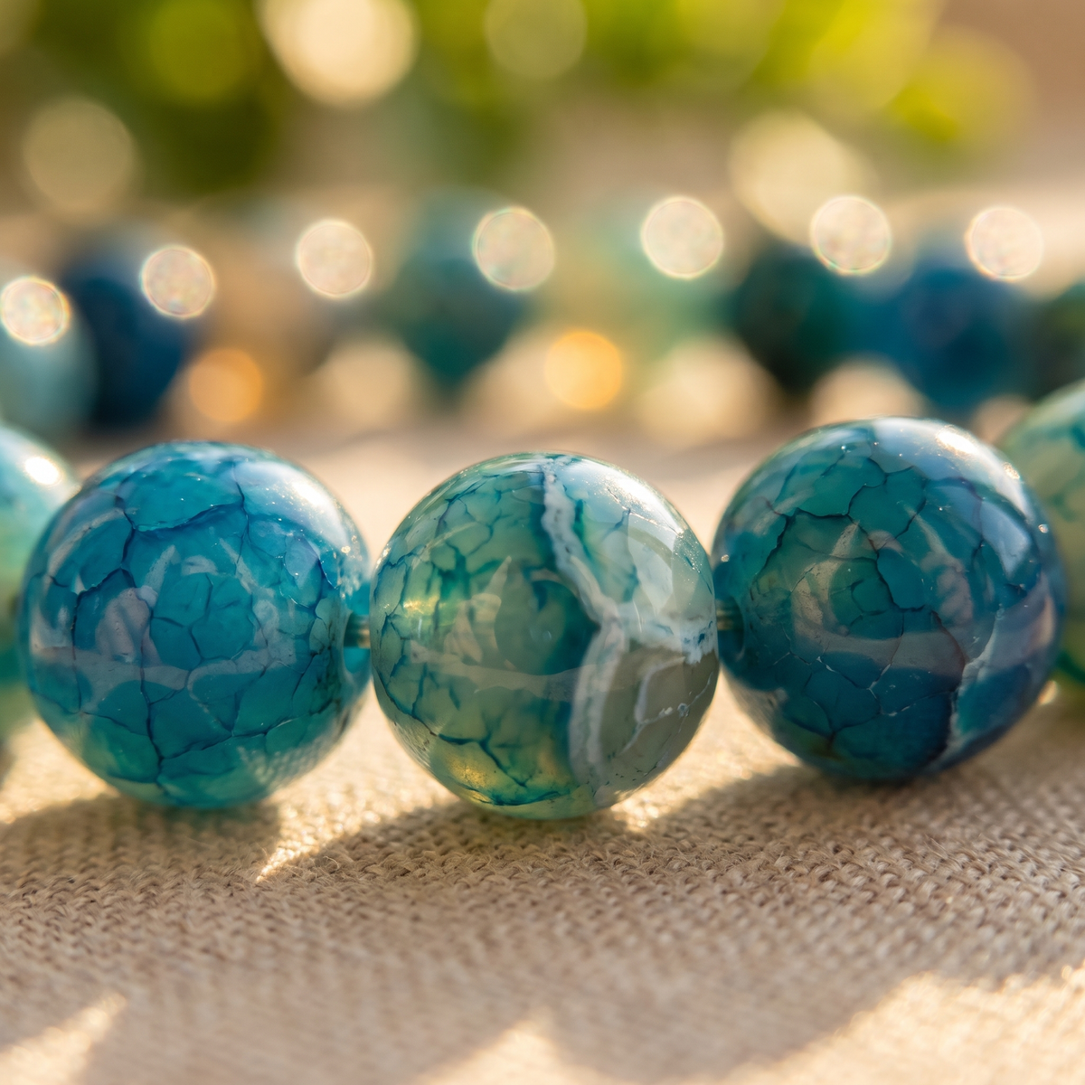 Bracelet Agate Veines de Dragon à Perles Bleues Craquelées