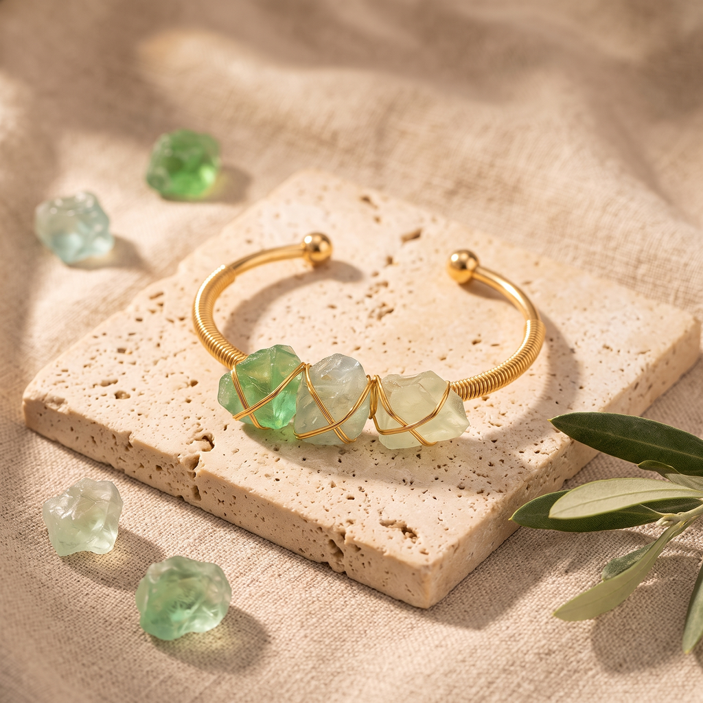 Bracelet Fluorite Brute sur Jonc Doré Ouvert