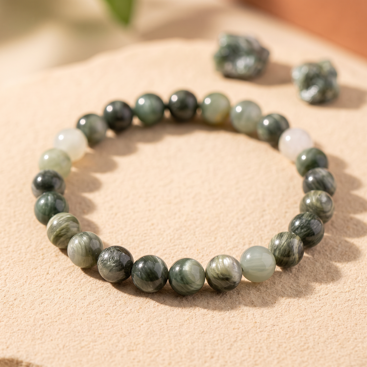 Bracelet Jade Vert à Perles Olive et Crème