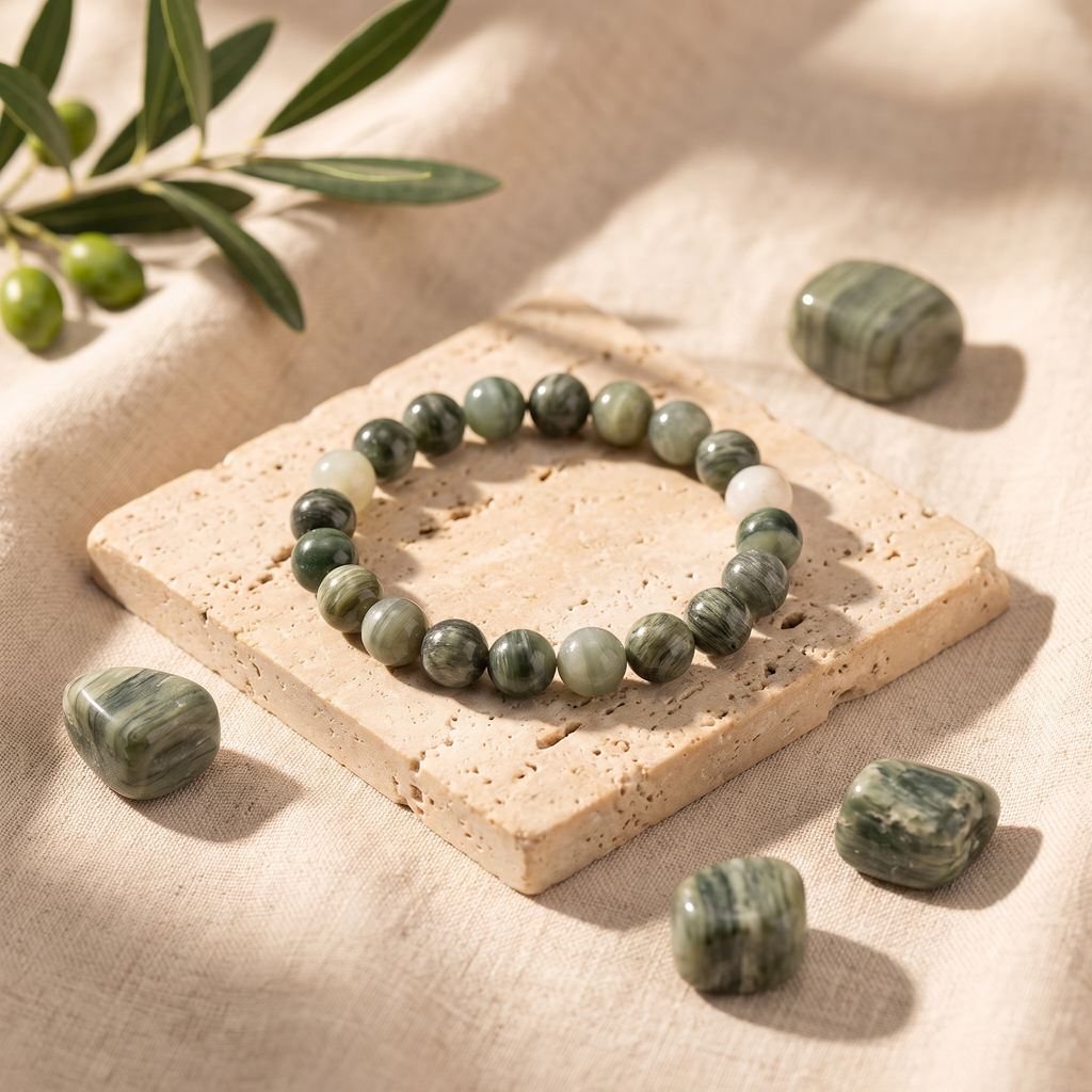 Bracelet Jade Vert à Perles Olive et Crème