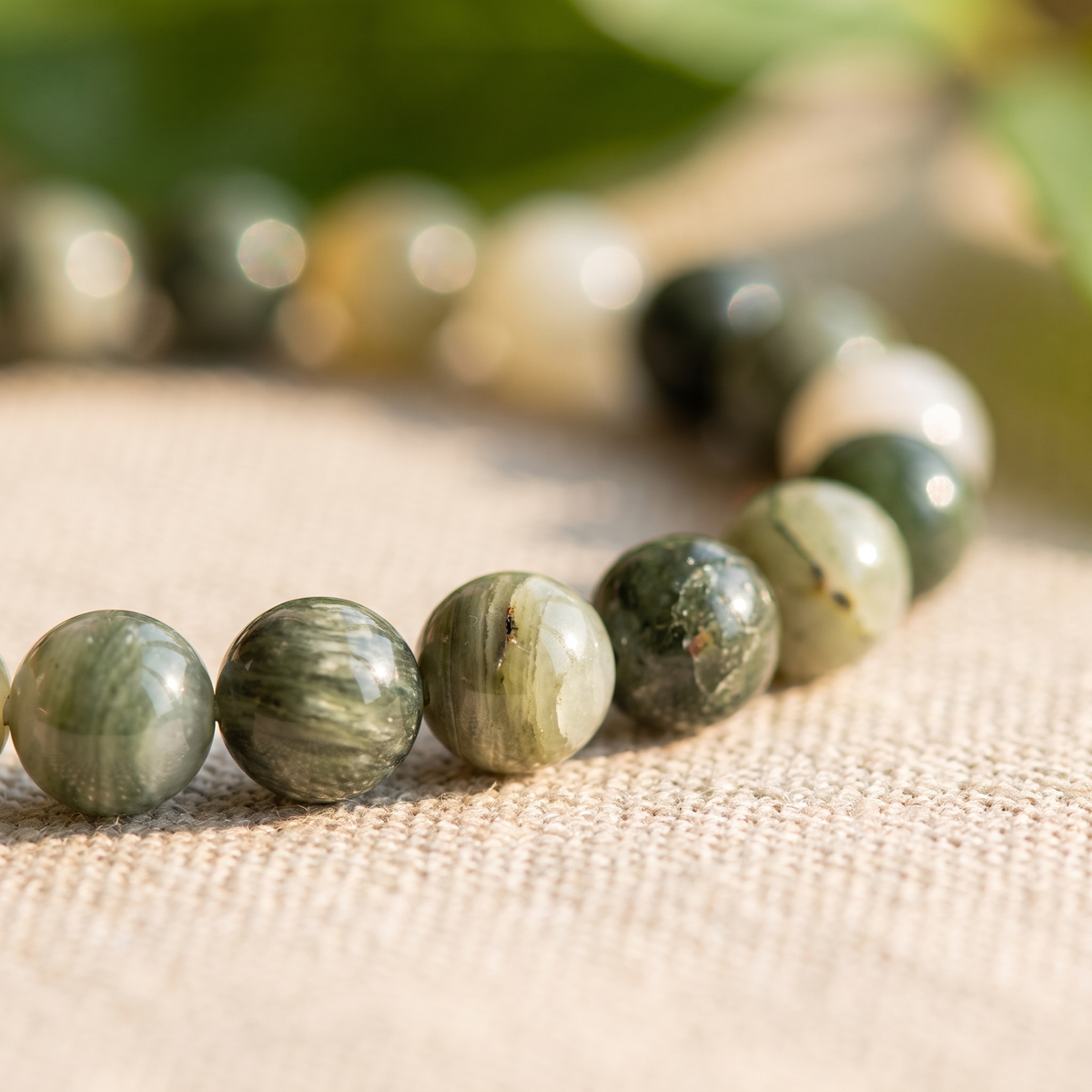 Bracelet Jade Vert à Perles Olive et Crème