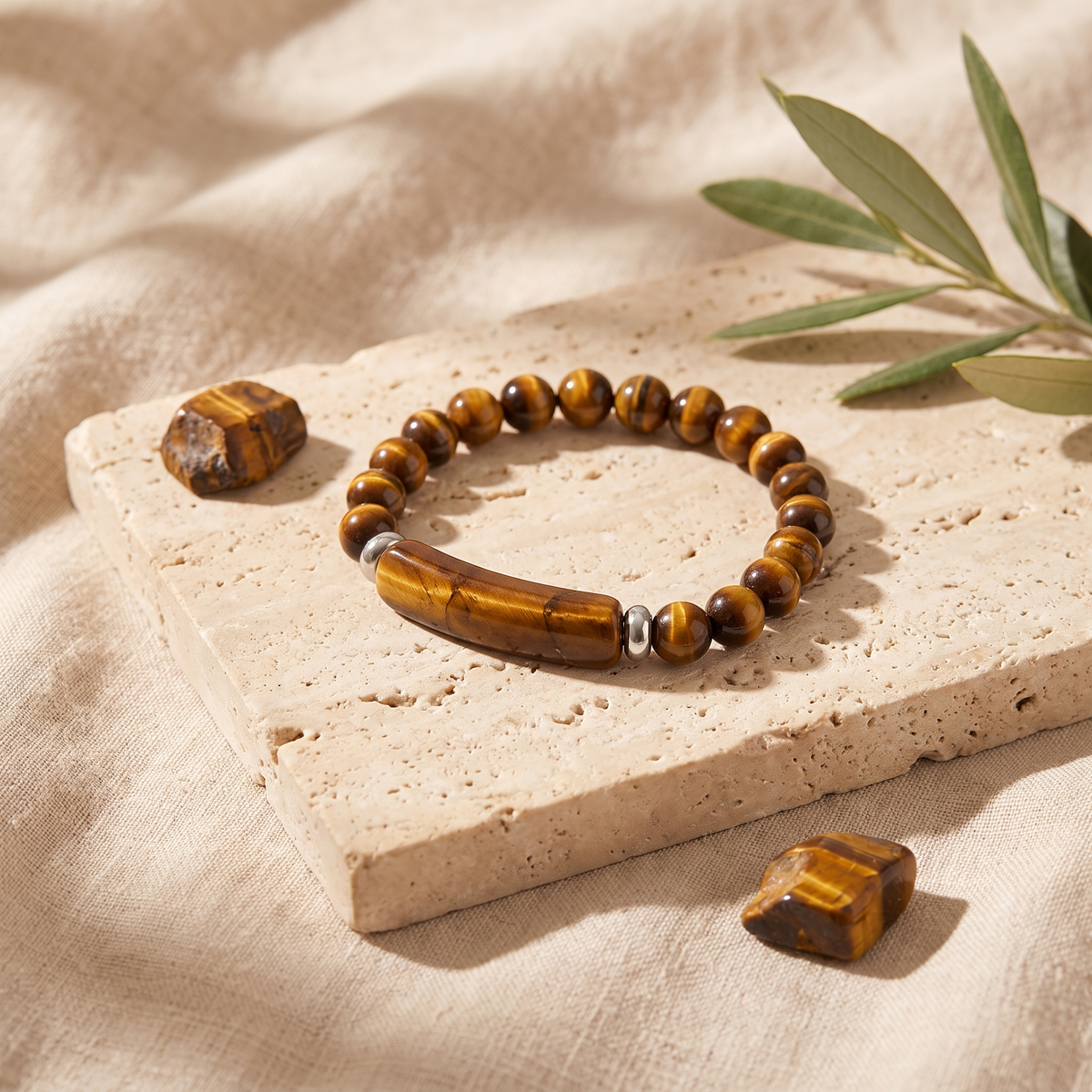Bracelet Œil de Tigre avec Barrette Centrale Incurvée