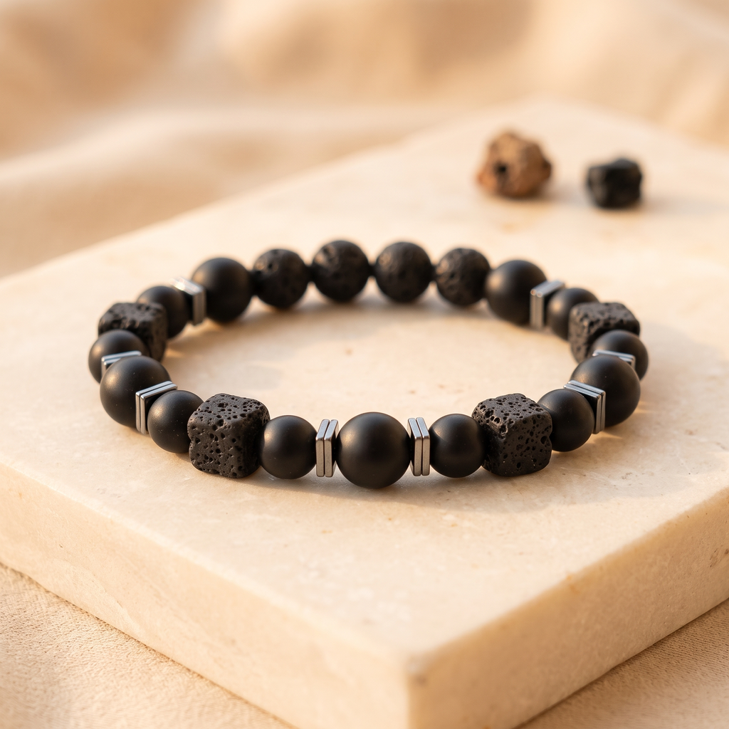 Bracelet Onyx Mat et Pierre de Lave à Cubes Argentés