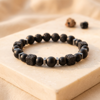 Bracelet Onyx Mat et Pierre de Lave à Cubes Argentés