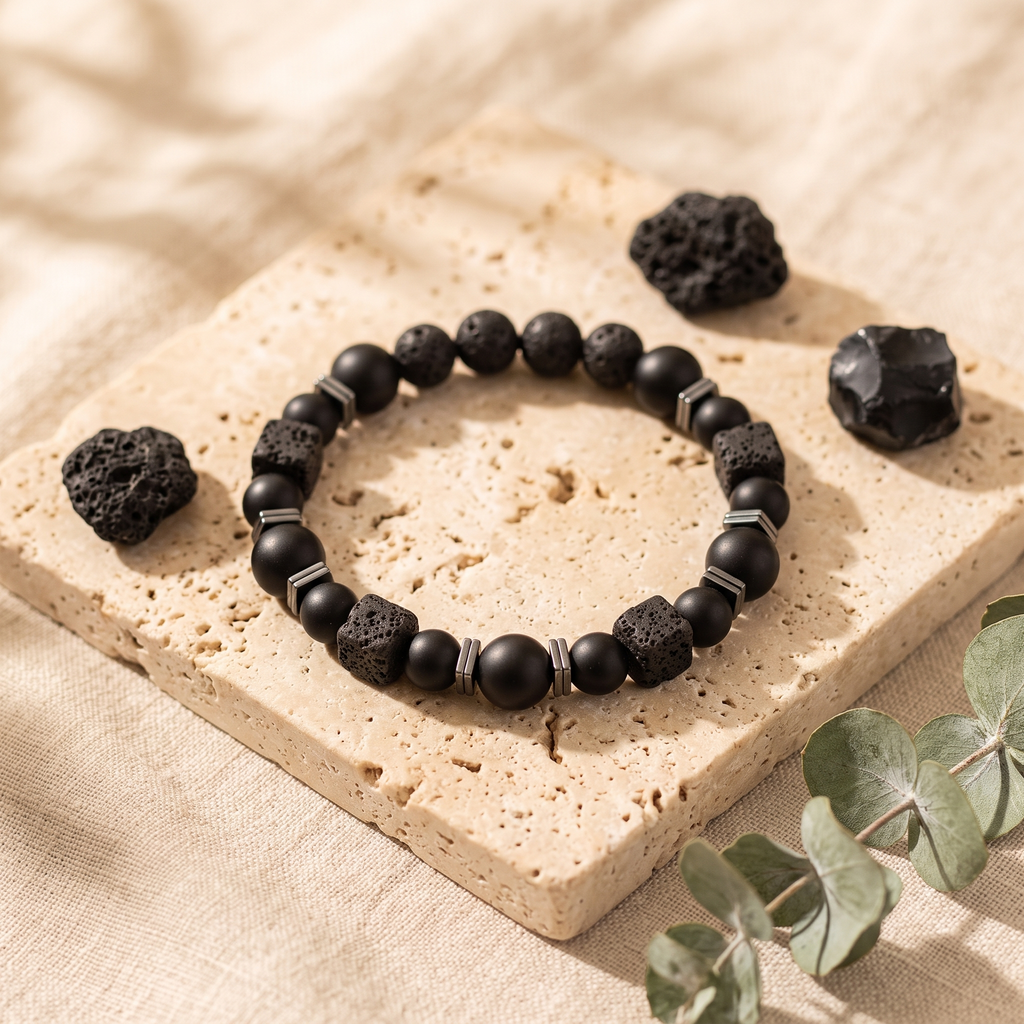 Bracelet Onyx Mat et Pierre de Lave à Cubes Argentés