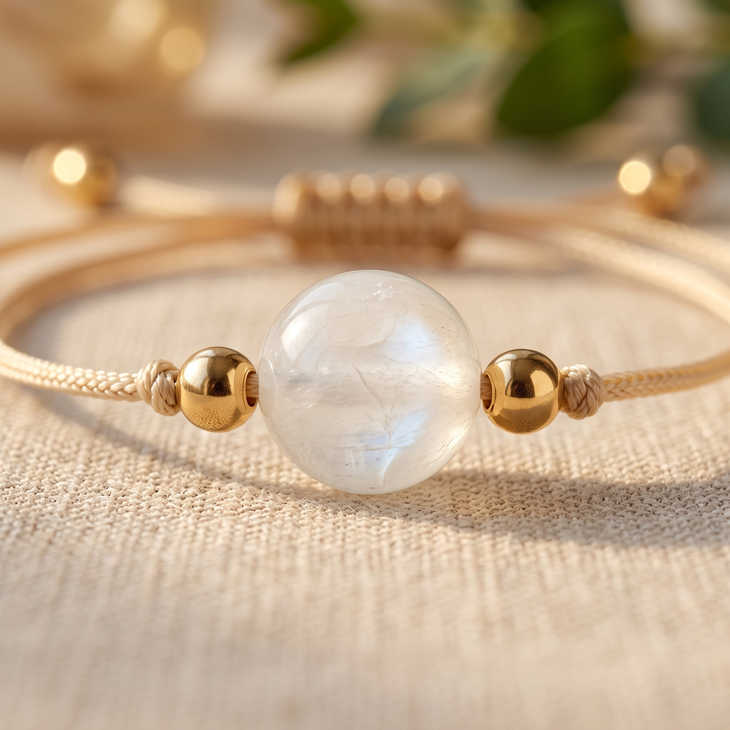 Bracelet Pierre de Lune sur Cordon Doré à Perle Unique