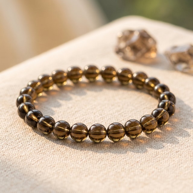 Bracelet Quartz Fumé à Perles Brunes Translucides
