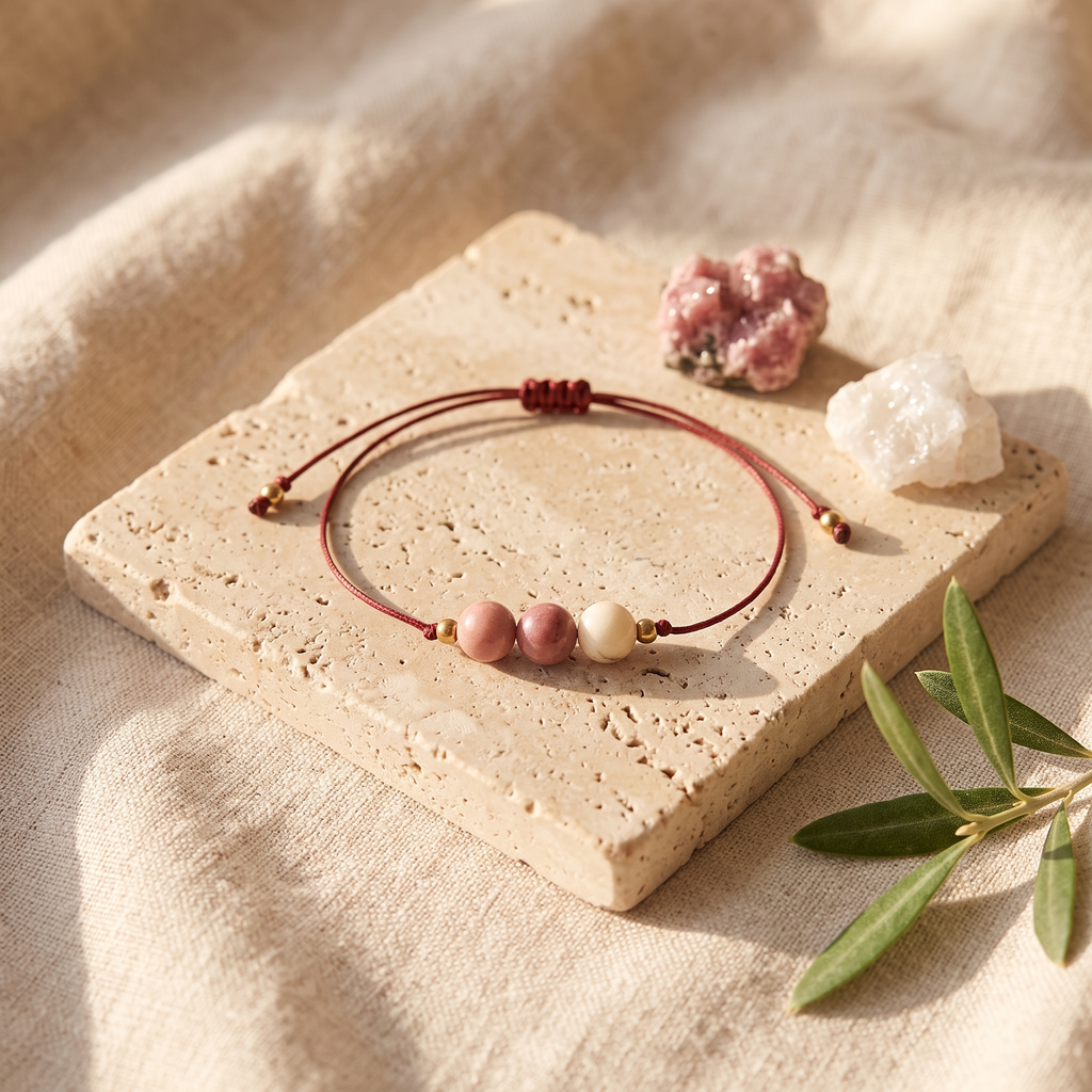 Bracelet Rhodonite sur Cordon Rouge à Perles Dorées