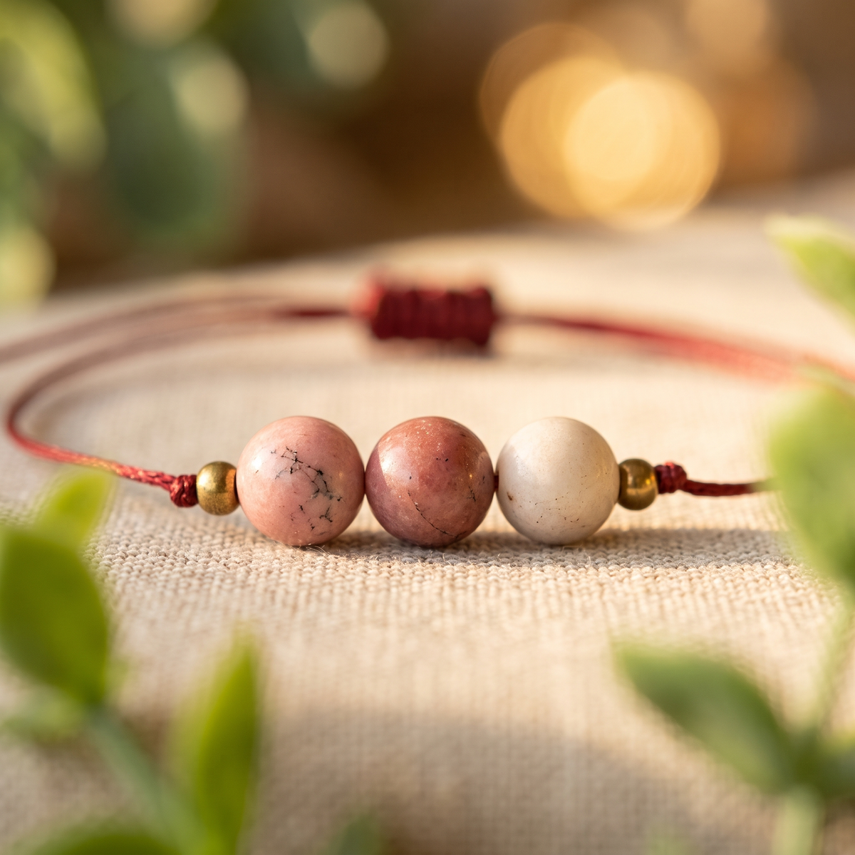 Bracelet Rhodonite sur Cordon Rouge à Perles Dorées