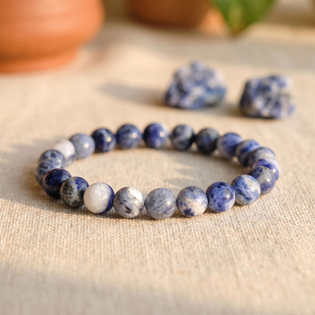 Bracelet Sodalite à Perles Bleues Marbrées de Blanc