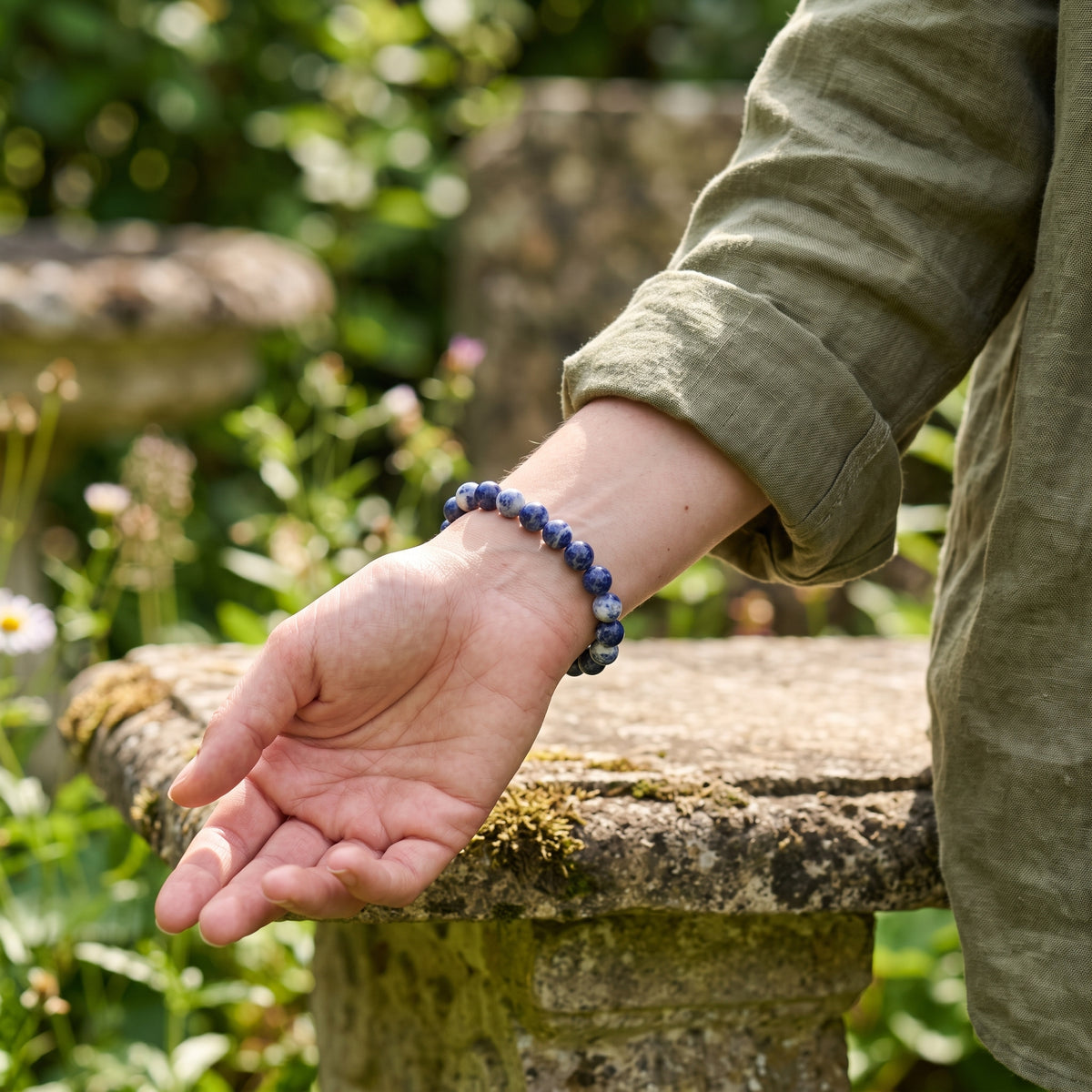 Bracelet Sodalite à Perles Bleues Marbrées de Blanc
